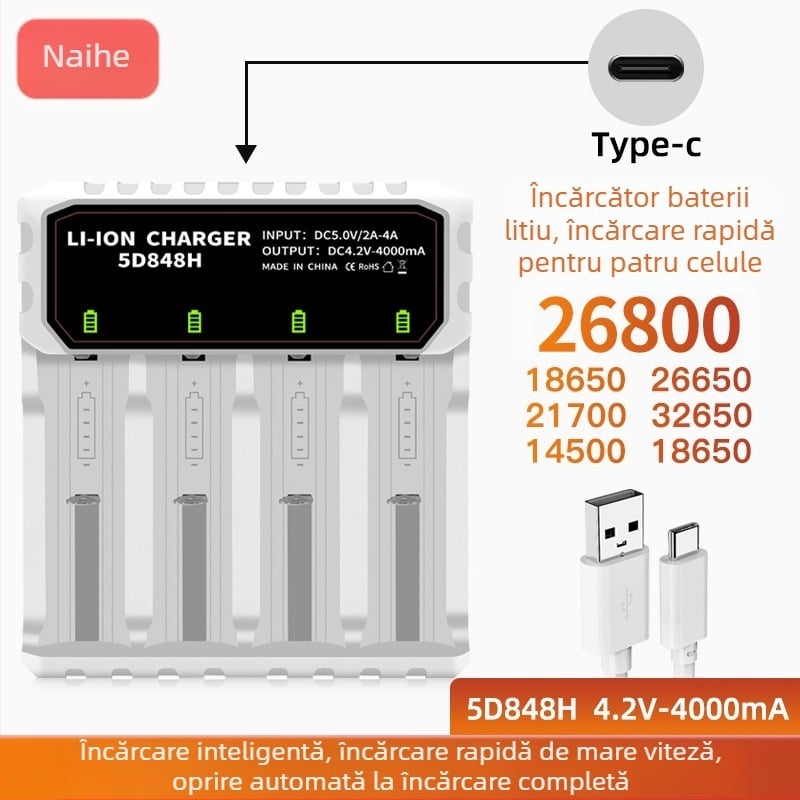 Încărcător pentru baterii litiu 26650, 18650, 26800 și 21700 — inteligent, cu patru sloturi și port Type-C