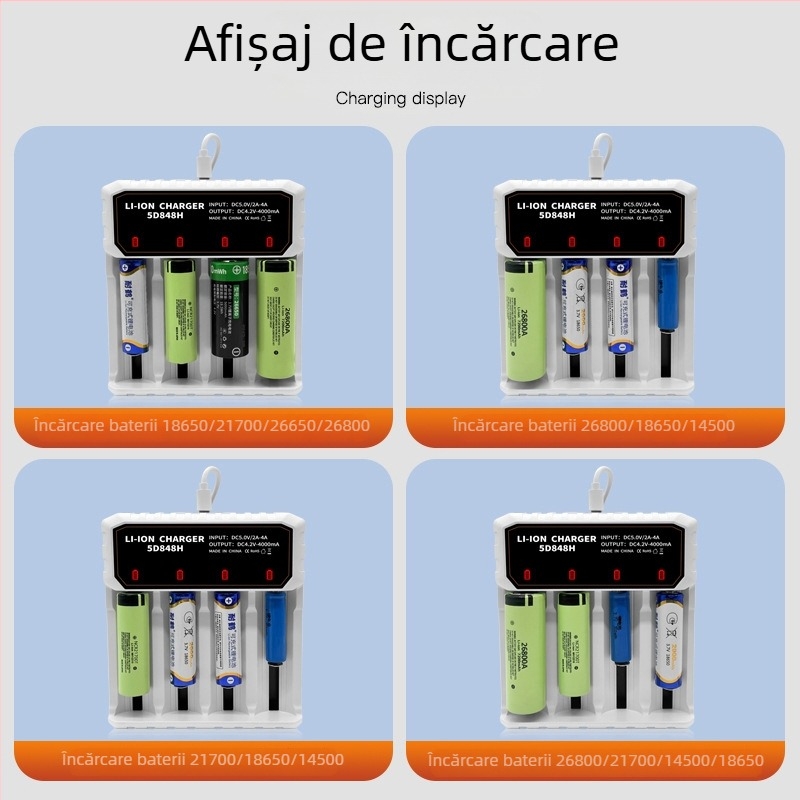 Încărcător pentru baterii litiu 26650, 18650, 26800 și 21700 — inteligent, cu patru sloturi și port Type-C
