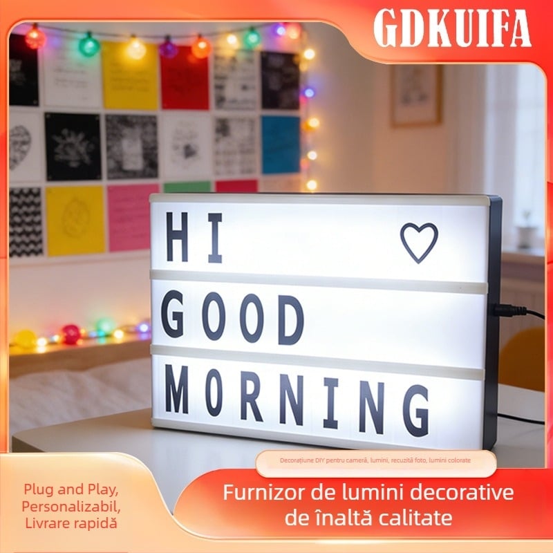 Cutie cu litere LED luminoase cu puzzle, carduri alb-negru, decor DIY pentru cameră și recuzită pentru fotografii, lumini colorate