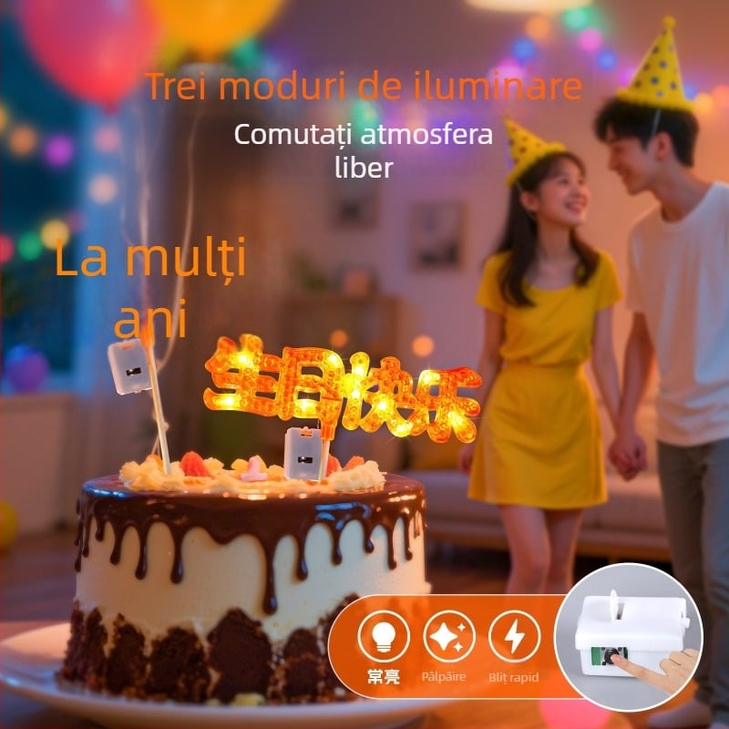 Semn LED luminos cu literele Happy Birthday pentru decorarea tortului