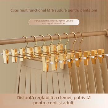Umeraș metalic auriu pentru pantaloni, garderobă, cu clips pentru fuste, sistem extensibil
