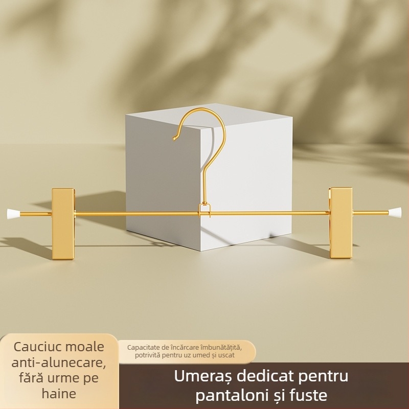Umeraș metalic auriu pentru pantaloni, garderobă, cu clips pentru fuste, sistem extensibil