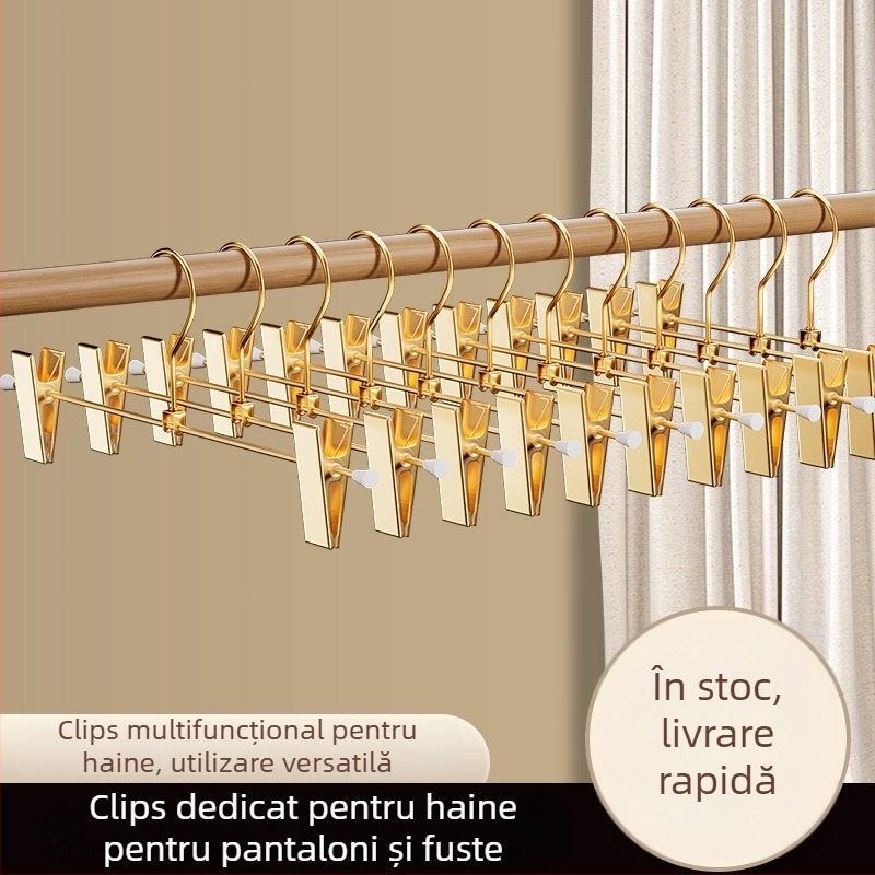 Umeraș metalic auriu pentru pantaloni, garderobă, cu clips pentru fuste, sistem extensibil
