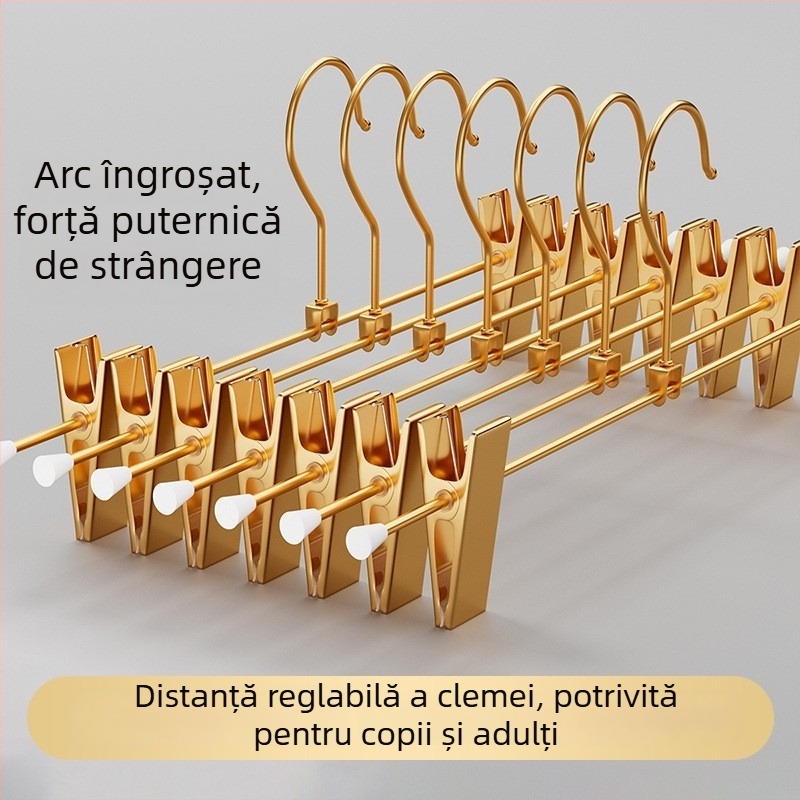Umeraș metalic auriu pentru pantaloni, garderobă, cu clips pentru fuste, sistem extensibil
