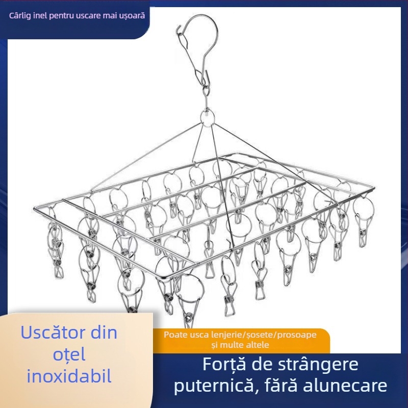 Uscător de haine din oțel inoxidabil, cu mai multe clipsuri pentru uscare șosete, suport pătrat robust pentru uz casnic