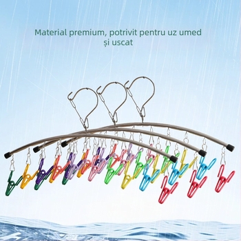 HX-10 Raft uscat haine din oțel inoxidabil, curbat, rotativ, pentru haine și șosete, cu cleme colorate