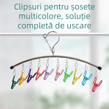 HX-10 Raft uscat haine din oțel inoxidabil, curbat, rotativ, pentru haine și șosete, cu cleme colorate