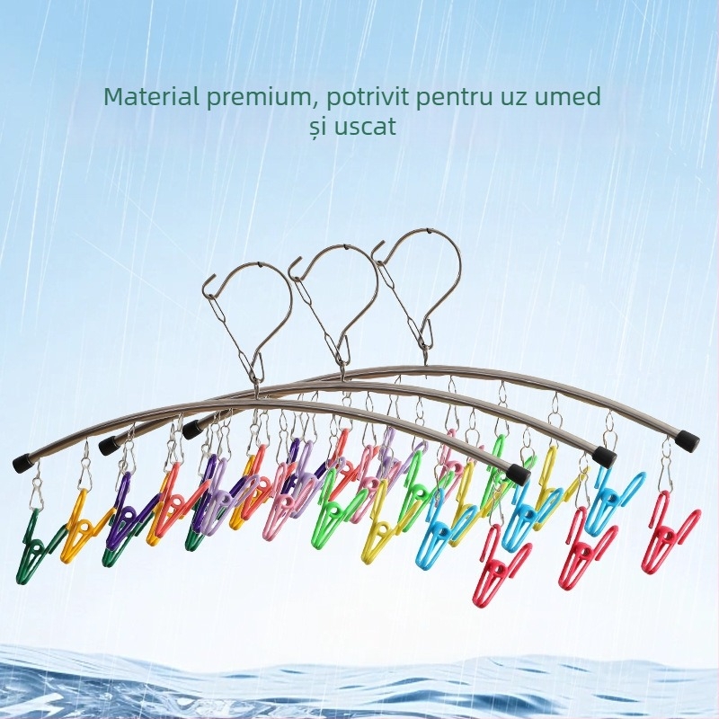 HX-10 Raft uscat haine din oțel inoxidabil, curbat, rotativ, pentru haine și șosete, cu cleme colorate