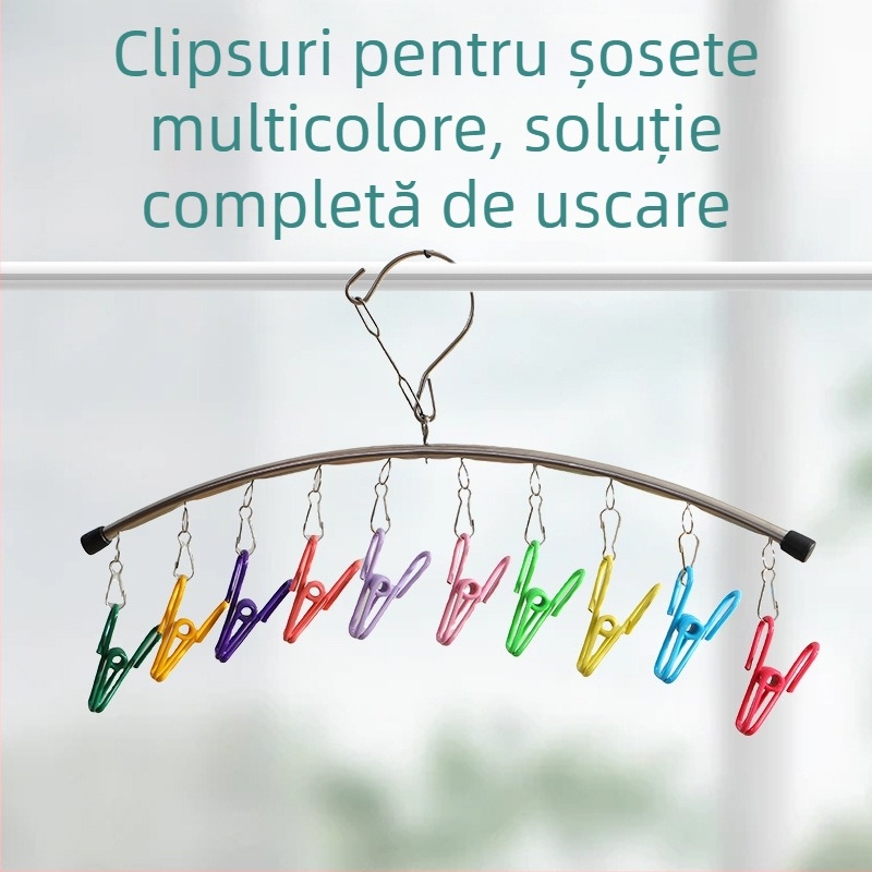 HX-10 Raft uscat haine din oțel inoxidabil, curbat, rotativ, pentru haine și șosete, cu cleme colorate