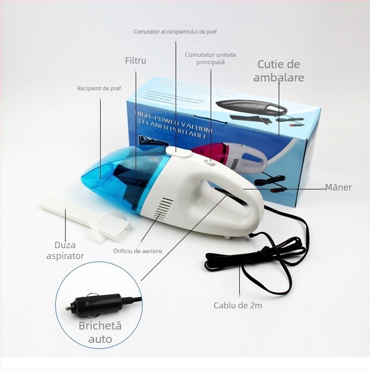 Aspirator pentru mașină 12V, albastru și alb, 1900Pa, 60W, cablu de 3 m, alimentare de la brichetă
