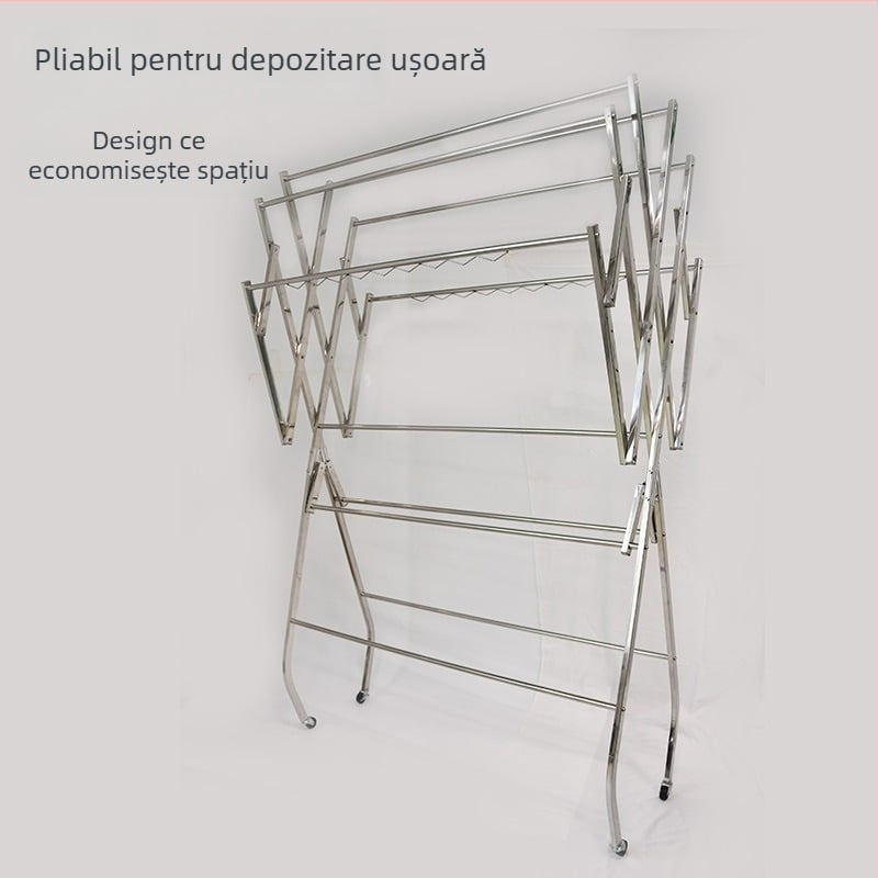 Uscător de haine pe podea, cu mai multe brațe, din oțel inoxidabil, pliabil, în formă de aripă, pentru interior și exterior