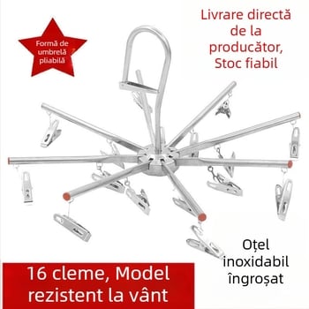 Uscător pliabil pentru haine, rezistent la vânt, din oțel inoxidabil, cu 16 clipuri