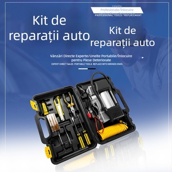 Pompa de aer pentru mașină cu LED, set cu două cilindri, pompă portabilă și trusă de unelte auto