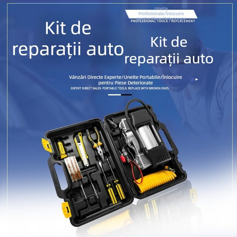 Pompa de aer pentru mașină cu LED, set cu două cilindri, pompă portabilă și trusă de unelte auto