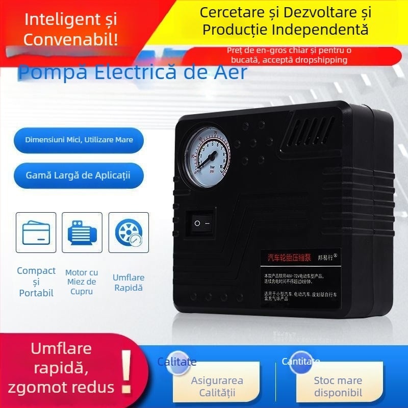 Pompă portabilă electrică pentru anvelope auto, design pătrat, 12V