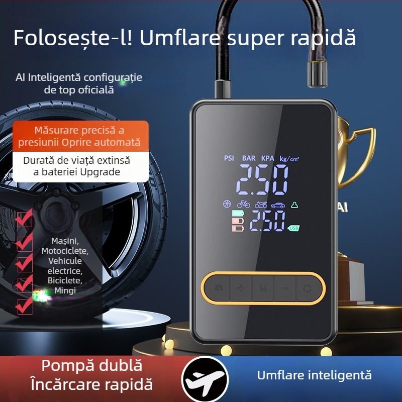 Mini pompă de aer portabilă pentru anvelopele bicicletelor și autovehiculelor, cu încărcare wireless, manuală, reîncărcabilă