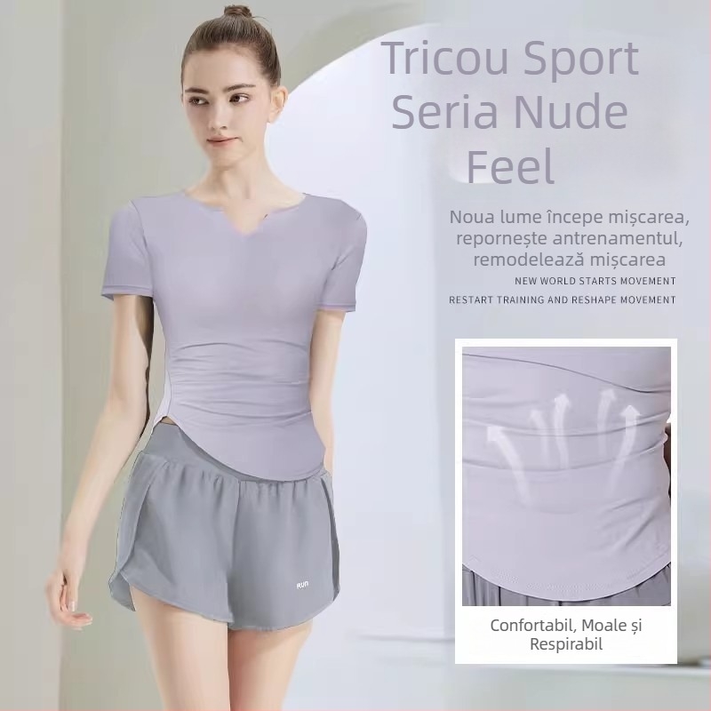 Top de yoga pentru femei, mâneci scurte, efect slăbitor, uscat rapid, Pilates, alergare și fitness