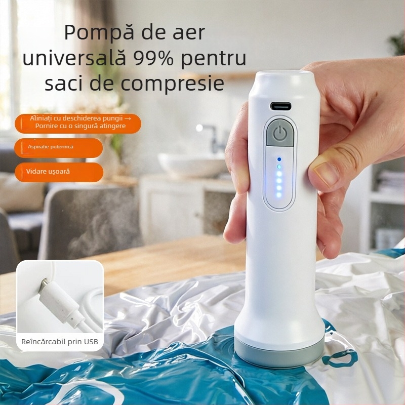 Pompa electrică pentru saci vacuum cu încărcare wireless și interfață Type-C