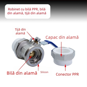 Valvă cu bilă PPR cu cuplaj dublu din cupru pentru sudură, acționare manuală, dimensiuni 20/25/32