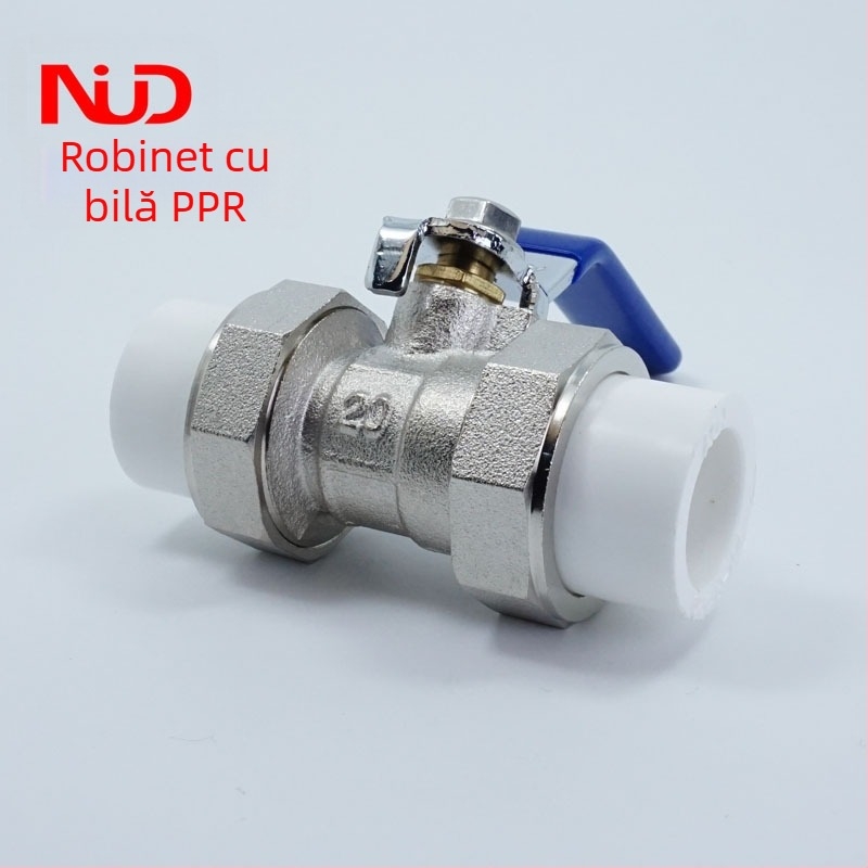 Valvă cu bilă PPR cu cuplaj dublu din cupru pentru sudură, acționare manuală, dimensiuni 20/25/32