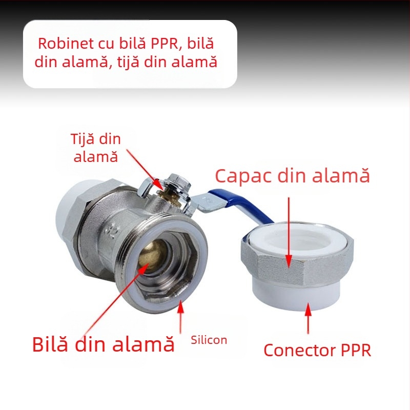 Valvă cu bilă PPR cu cuplaj dublu din cupru pentru sudură, acționare manuală, dimensiuni 20/25/32