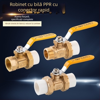 Supapă cu bilă din alamă, cu conectare dublă pentru conducte PPR, filet intern și extern, flux bidirecțional