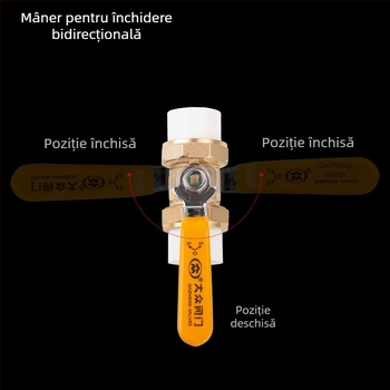 Supapă cu bilă din alamă, cu conectare dublă pentru conducte PPR, filet intern și extern, flux bidirecțional