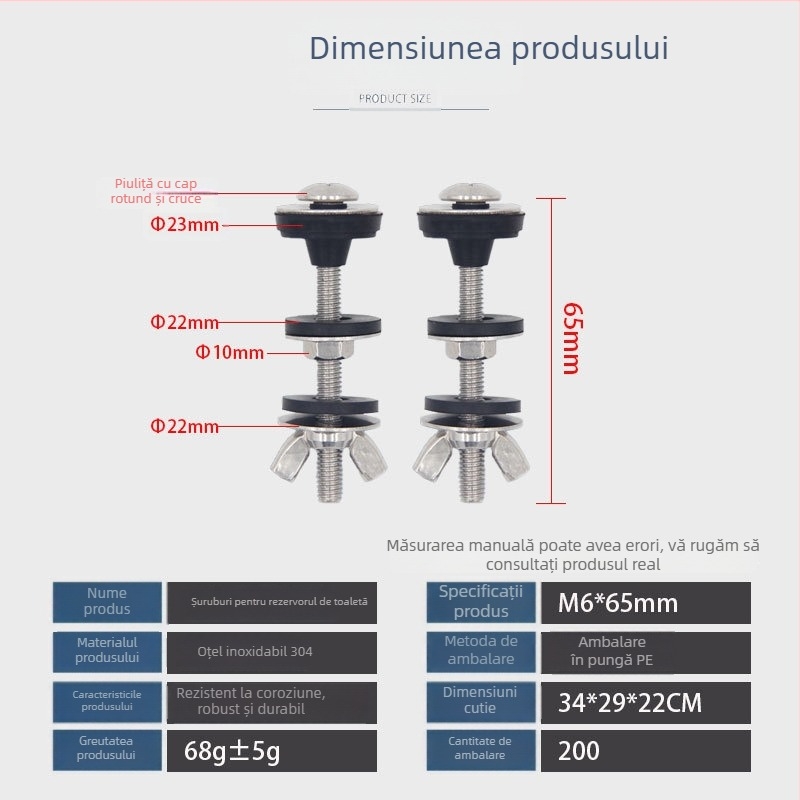 Șurub rezervor toaletă M6, oțel inoxidabil 304, tip split, etanș la scurgeri