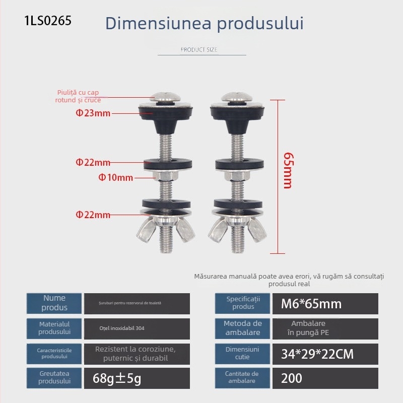Șurub rezervor toaletă M6, oțel inoxidabil 304, tip split, etanș la scurgeri