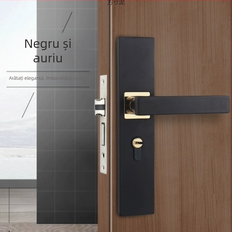 Set de încuietori pentru ușă de interior, negru, cu mâner, pentru uși din lemn – universal