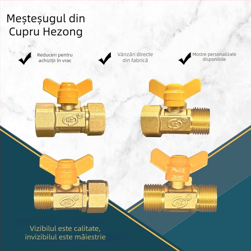 Supapă cu bilă din alamă DN15, manuală, flux drept, filet intern și extern, mâner tip fluture