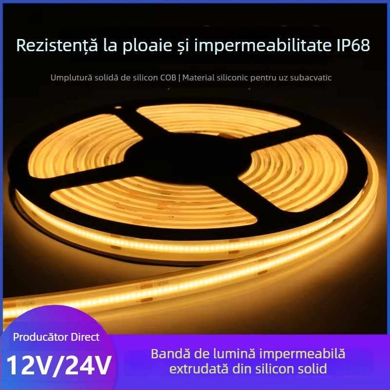 Bandă LED COB pentru exterior, cu epoxy, alimentare la tensiune redusă, ultra-brillantă, fără pete întunecate, flexibilă, extrudată