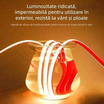 Bandă LED COB rezistentă la apă de 24V pentru exterior – pentru iazuri, piscine și curte, umplută cu rășină epoxidică, IP68, flexibilă, fără zone întunecate