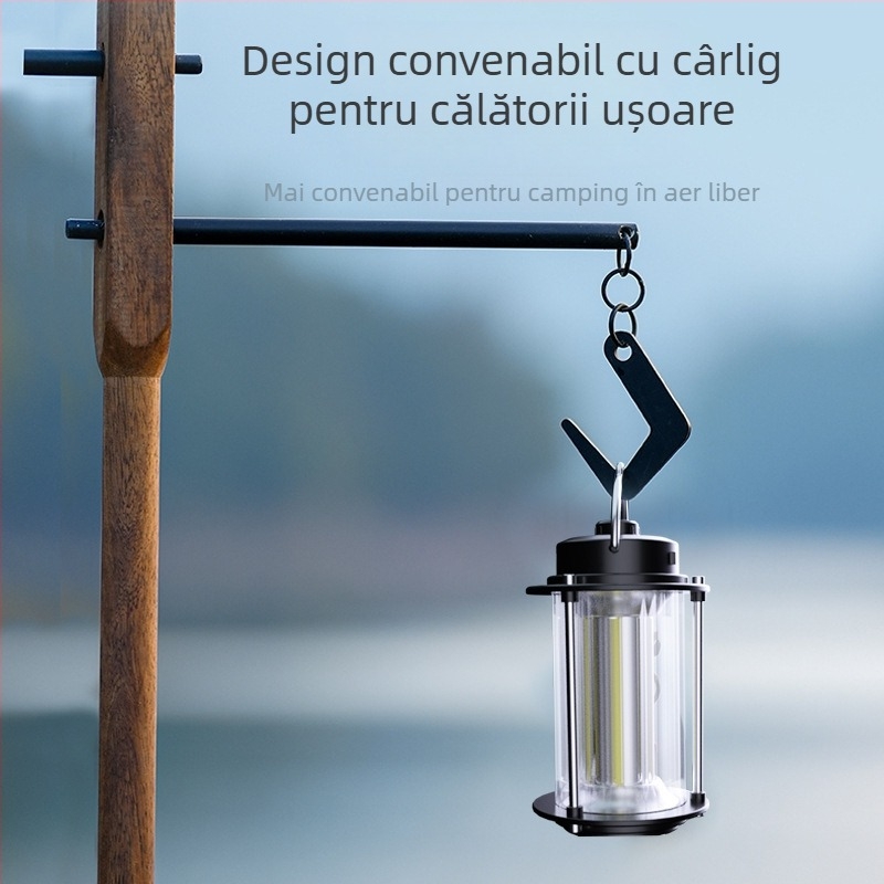 Lampă de camping impermeabilă, multifuncțională, cu lumină albă și galbenă duală, încărcabilă Type-C, portabilă.