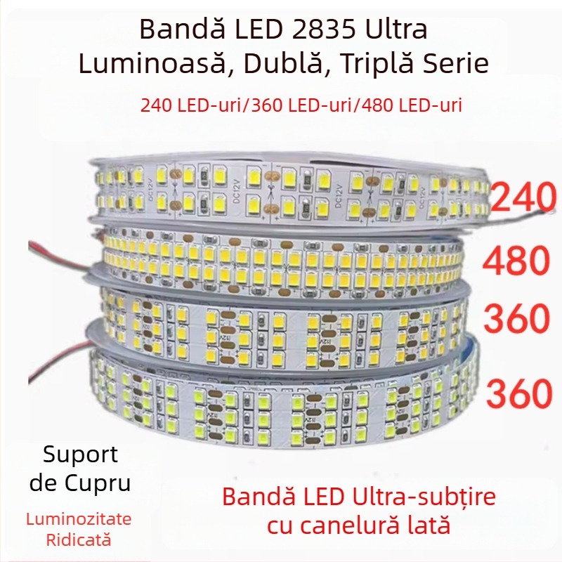Bandă LED 12V/24V 2835, autoadezivă, dublu rând, iluminare pentru plafon cu 240/360/480 LED-uri