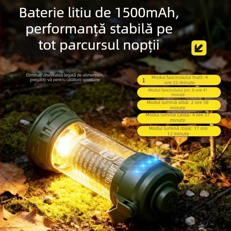 Lampă de camping pentru foc de tabără, LED portabil cu durată ultra‑lungă a bateriei, iluminare ambientală LED pentru cort tip baldachin, utilizare dublă – agățare sau așezare