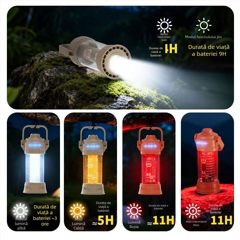 Lampă de camping pentru foc de tabără, LED portabil cu durată ultra‑lungă a bateriei, iluminare ambientală LED pentru cort tip baldachin, utilizare dublă – agățare sau așezare