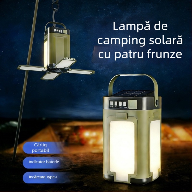 Lampa solară pentru camping în aer liber, design pliabil cu patru petale, iluminare pe mai multe niveluri, lumină ambientală pentru cort, lanternă portabilă reîncărcabilă pentru situații de urgență