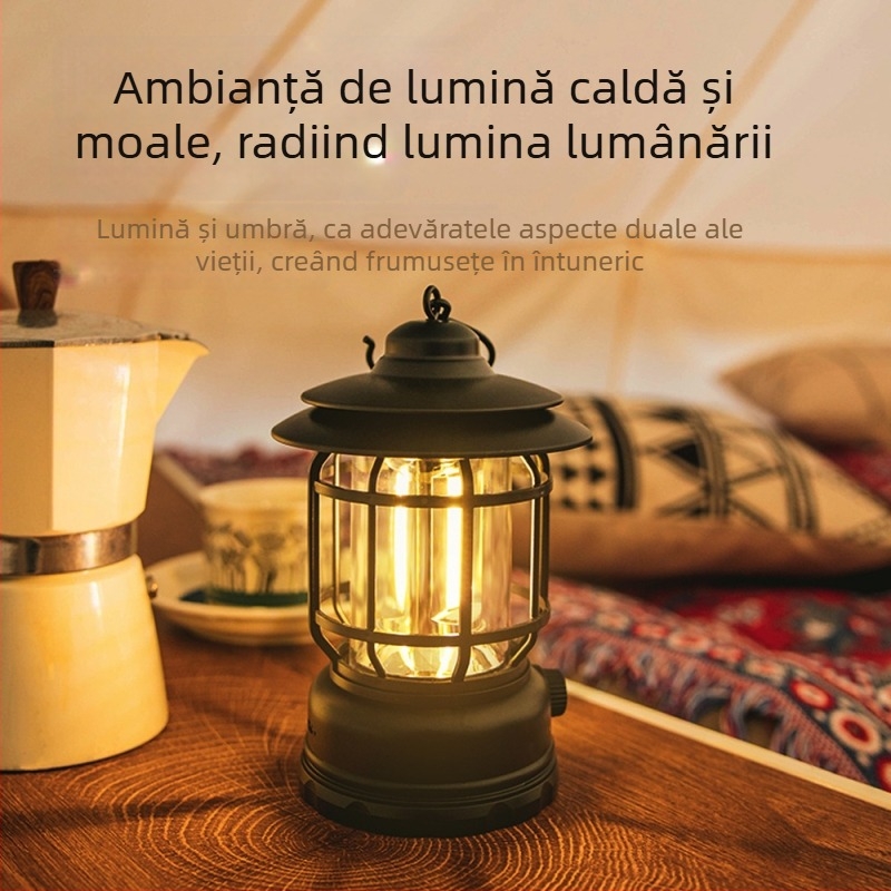 Kailude Lampă de camping portabilă, în stil retro, rezistentă la apă, cu autonomie lungă, lanternă multifuncțională pentru cort