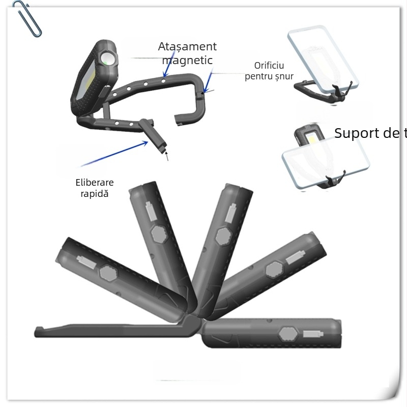 Lumină de lucru LED cu încărcare USB, cârlig magnetic, pentru camping și semnalizare de urgență la rucsac