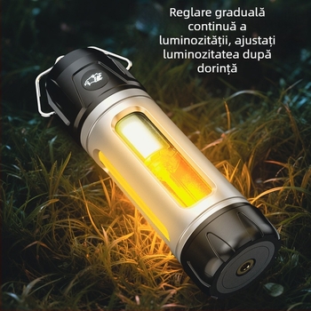 Lumină de camping exterior multifuncțională, reglaj continuu al intensității luminii, durată lungă a bateriei, cârlig/ suport, lumină ambientală și lanternă