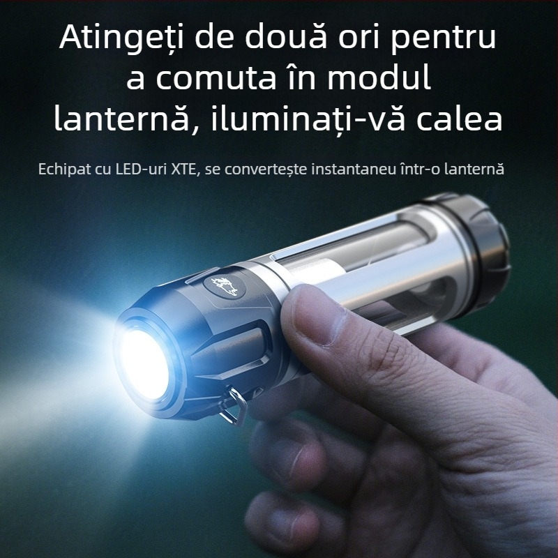 Lumină de camping exterior multifuncțională, reglaj continuu al intensității luminii, durată lungă a bateriei, cârlig/ suport, lumină ambientală și lanternă