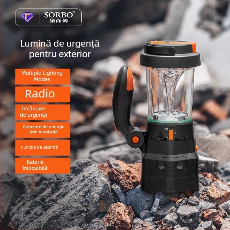 Lanterne LED de urgență pentru camping, cu încărcare manuală, radio și alarmă, portabilă