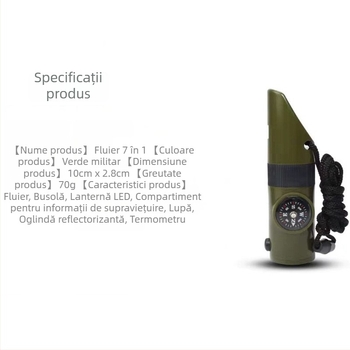 Fluier de camping 7-în-1, fluier de supraviețuire cu LED, termometru și busolă