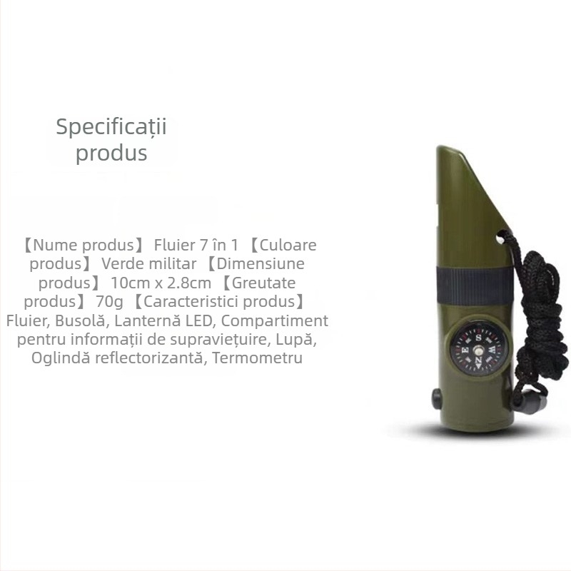 Fluier de camping 7-în-1, fluier de supraviețuire cu LED, termometru și busolă