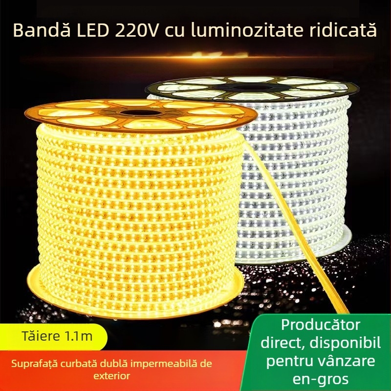 Bandă LED 220V, 2835, dublu rând, suprafață curbată, rezistentă la apă pentru decor exterior
