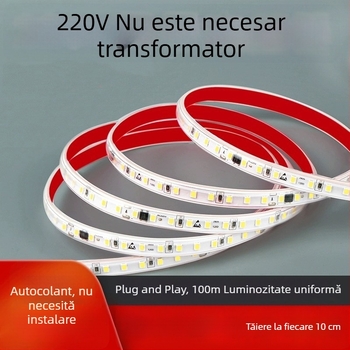 Bandă LED autoadezivă, 220V, impermeabilă, 10 cm, 2835 SMD, monocromă, reglabilă intensitatea luminii, 120 LED