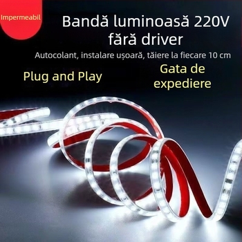 Bandă LED autoadezivă, 220V, impermeabilă, 10 cm, 2835 SMD, monocromă, reglabilă intensitatea luminii, 120 LED