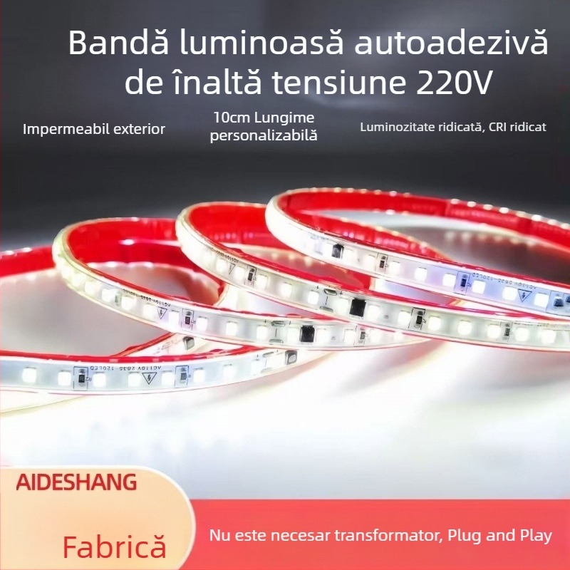 Bandă LED autoadezivă, 220V, impermeabilă, 10 cm, 2835 SMD, monocromă, reglabilă intensitatea luminii, 120 LED