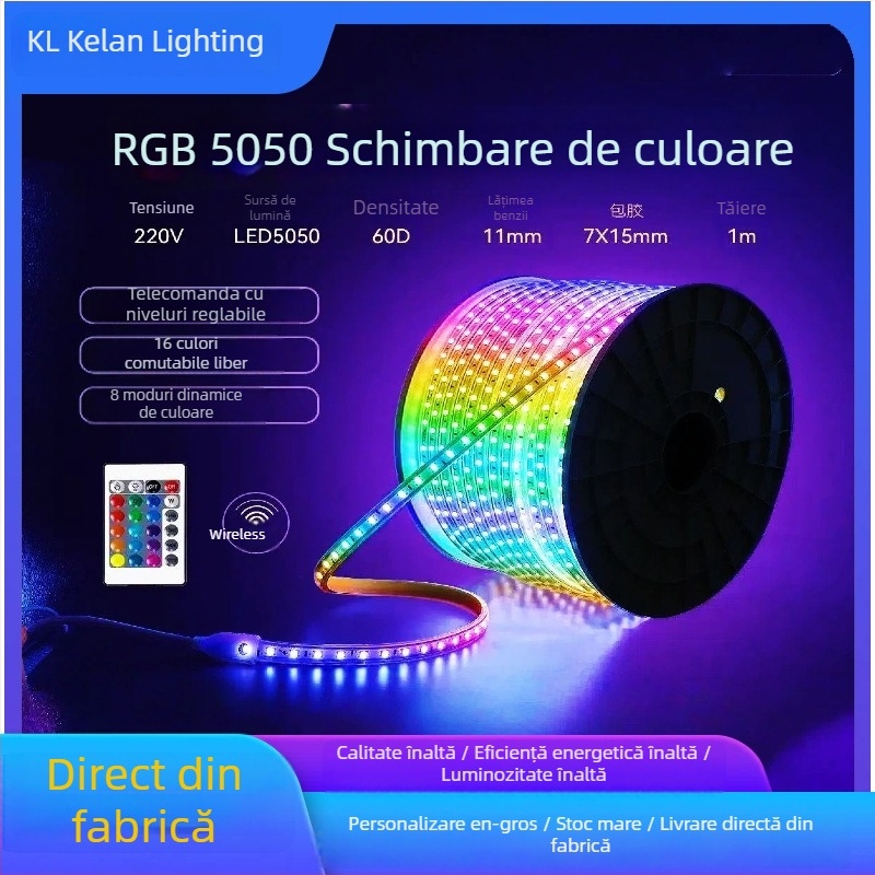 Bandă LED RGB 5050, impermeabilă, exterior, 220V, telecomandă, schimbare culori, reglaj intensitate luminoasă